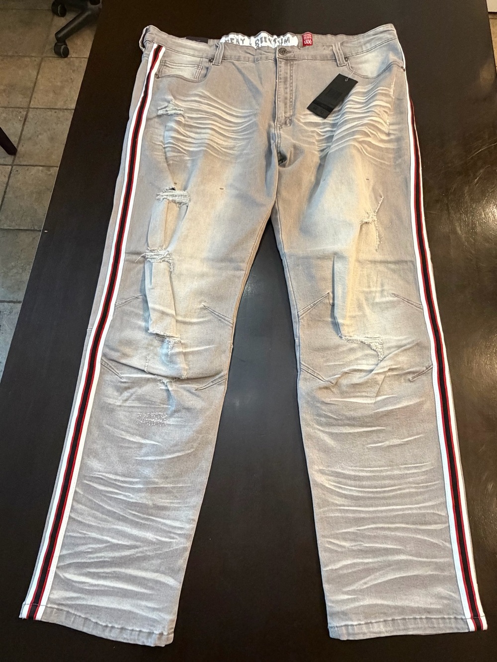 Men's Gray Distressed Jeans with Red-White-Black Side Stripe